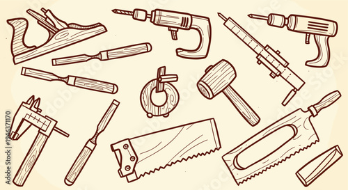 Collection of vintage woodworking tools and carpentry instruments arranged on a light background