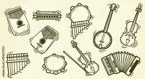 Collection of Hand Drawn Musical Instruments on a Light Background