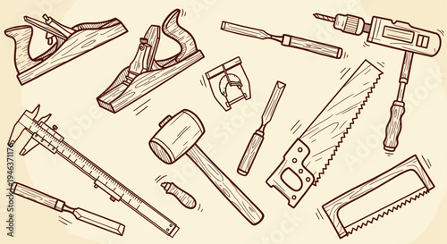 Collection of vintage woodworking tools and instruments for carpentry and DIY projects