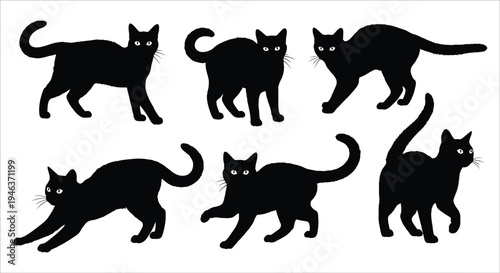 A collection of six black cat silhouettes in various playful poses against a white background