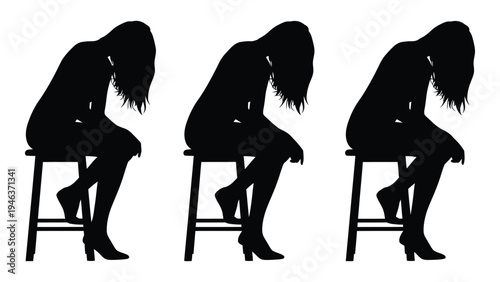 Three silhouetted figures of women seated on stools heads bowed in contemplation