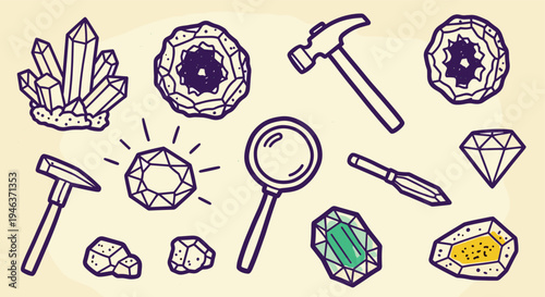 Doodle illustration of various gemstones, crystals, and geological tools for rock collecting and mineralogy