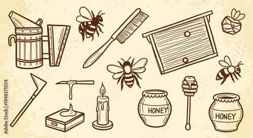 Beekeeping Apiary Tools Honeycomb Bees and Honey Jars Vintage Illustration