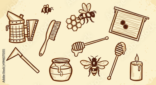 Hand Drawn Beekeeper Tools and Honey Bees Illustration on Sepia Background