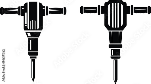 Black silhouette icons of two jackhammer tools on a white background with power tool with heavy equipment with hand tool with graphic resource