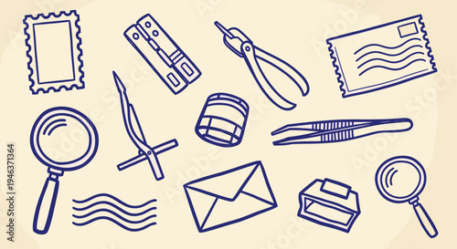 Collection of postal and office supplies for mail and correspondence