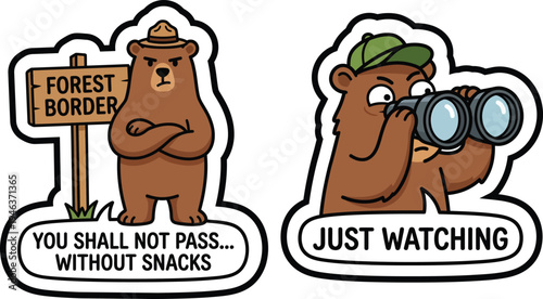 Humorous cartoon bears at forest border; one warns