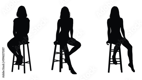 Three silhouetted women are seated on stools against a white background