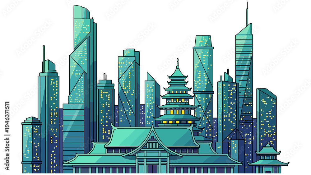 Fototapeta premium Stylized Illustration of a City Skyline with Traditional Architecture
