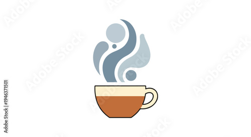 Minimalist flat-style vector graphic of a coffee cup with stylized steam turning into abstract shapes, created with bold simple colors, crisp line art, and a clean white background.