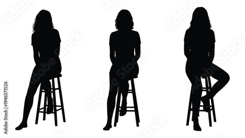 Three silhouetted women seated on stools against a plain white background