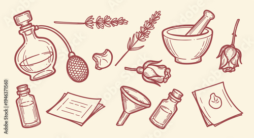 Vintage Perfume Making Ingredients and Tools Illustration