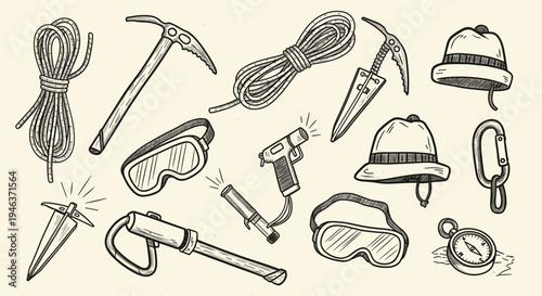 Vintage Climbing Gear and Mountaineering Equipment Collection Hand Drawn Illustration
