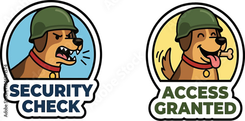 A funny and cute cartoon dog sticker set showing contrasting security access granted and denied states with an adorable guard.