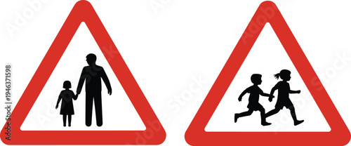 Red triangular road sign vector set featuring school crossing and pedestrian warning icons for street safety design