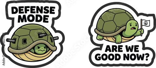 Funny,  war themes cute sticker art cartoon turtles showing 'defense mode' and a peace-seeking 'Are we good now?' query.