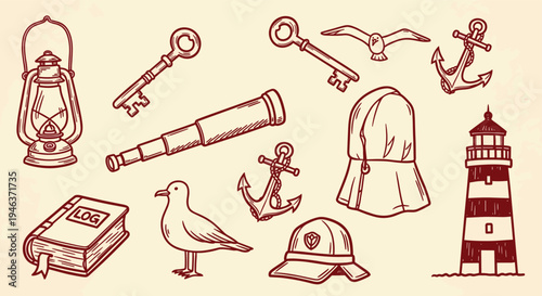 Nautical Adventure Set Vintage Illustration Nautical Objects Lighthouse Lantern Spyglass Anchors Keys Birds Logbook Hat