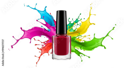 Red nail polish bottle with colorful paint splashes on transparent background