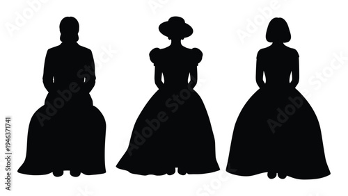 Silhouettes of three women in vintage dresses facing forward high quality