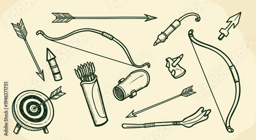 Archery Equipment Collection Hand Drawn Doodle Style