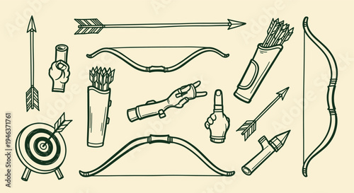 Archery Equipment Collection Vintage Style Hand Drawn Arrows Bows Quiver Target Armguard