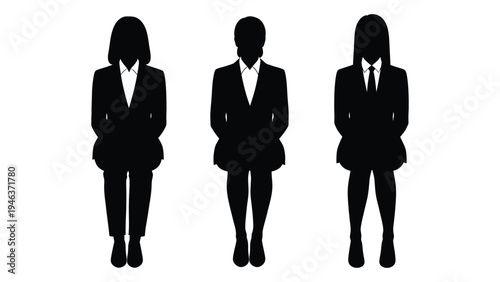Three figures in business attire are shown as black silhouettes against a white background