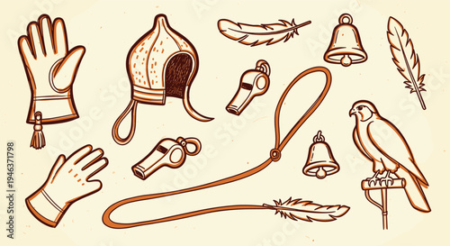 Falconry Equipment and Bird of Prey Illustration