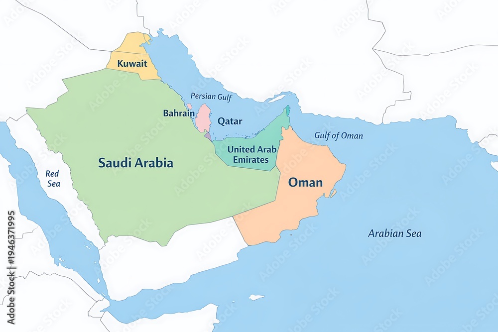 Fototapeta premium Geographic Map of Gulf Countries in the Middle East