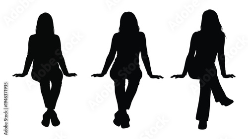 Three silhouetted women sitting with legs extended facing forward high quality