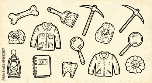 Fossil Digging Tools and Discoveries Set Vintage Style Illustration