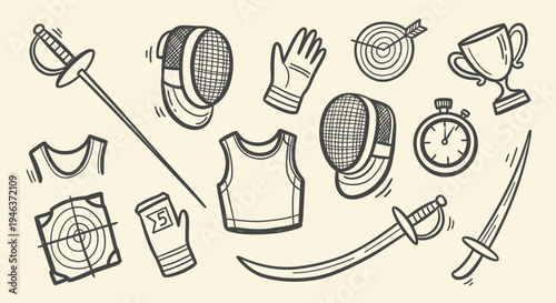 Fencing Equipment and Accessories Doodle Style Hand Drawn Illustration