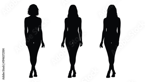 Three silhouetted women standing against a stark white background high quality