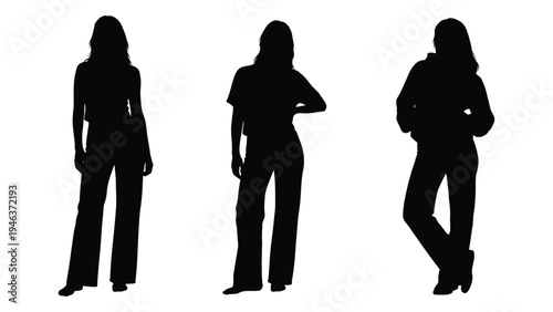 Three silhouetted women stand against a plain white background showcasing different poses