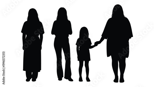 Silhouettes of a family holding hands including a mother two daughters and a young child
