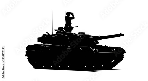 Military Tank Silhouette with Commander using Binoculars for Reconnaissance