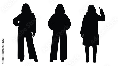 Three silhouetted figures of women in various poses against a white backdrop