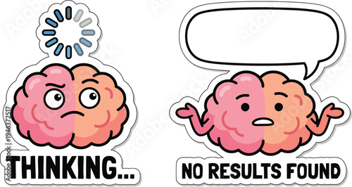 Funny and cute brain sticker set depicting mental processing, search challenges, and the frustration of finding no results.