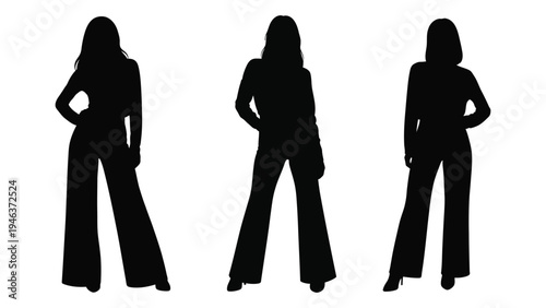 Three female silhouettes stand in a row showcasing varying hairstyles and poses