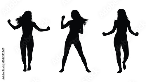 Three silhouettes of women in dynamic poses possibly dancing or exercising