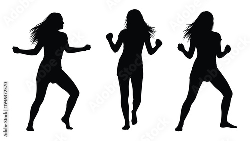 Three silhouettes of women with arms raised appearing to dance or celebrate