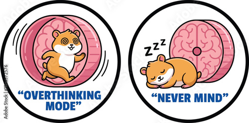 A funny and cute sticker showcasing a hamster's brain activity, from frantic overthinking to a peaceful 'never mind' mode.
