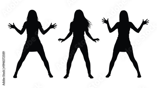 Three women in silhouette pose with arms outstretched suggesting dance or celebration