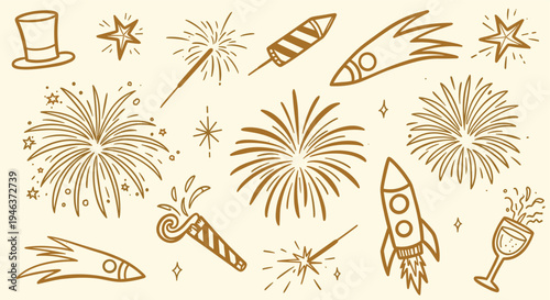 New Year Celebration Elements Doodle Set With Fireworks Rockets Stars and Party Popper
