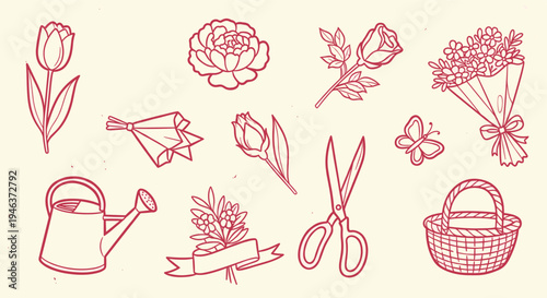 Hand Drawn Floral Elements Collection For Spring Garden Design And Decoration