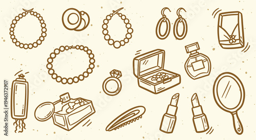Chic collection of vintage jewelry and cosmetics in a doodle art style