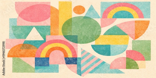 An artistic abstract colorful background features a vintage paint texture with a mosaic pattern of circles and red graffiti elements for a retro wallpaper design