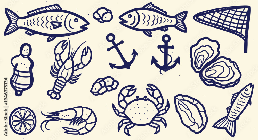 Obraz premium Seafood Collection Hand Drawn Illustration Nautical Theme Anchors Net Fish Shrimp Crab Oysters Lemon