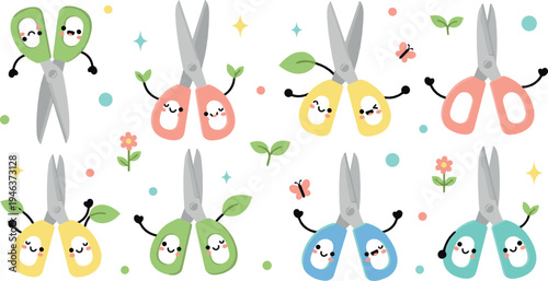 Cute scissors cartoon characters with colorful handles and smiling faces, adorable kawaii stationery tools illustration for school and craft design