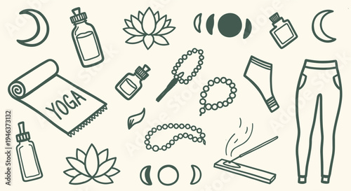 Yoga and wellness flat lay with essential oils lotus flowers incense and moon phases