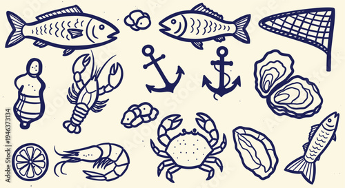 Seafood Collection Hand Drawn Illustration Nautical Theme Anchors Net Fish Shrimp Crab Oysters Lemon